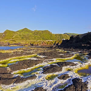 Portugal, Azores, Sao Miguel, Mosteiros, Rocks covered with the sea salt