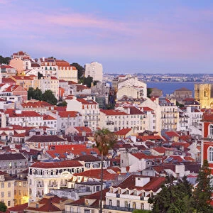 Portugal, Lisbon, Overview of Se Cathedral and city at Dusk