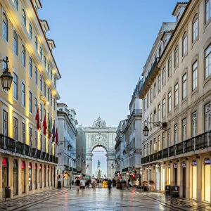Portugal, Lisbon. View along Rua Augusta towards the Arco da Rua Augusta triumphal arch