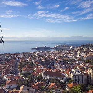 Portugal, Madeira, Funchal, View of cable car and Funchal harbour and town