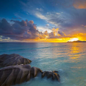 Praslin island from Anse Source d Argent beach, La Digue, Seychelles