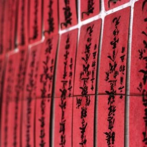 Prayer slips decorate a wall in the Chuk Lam Sim