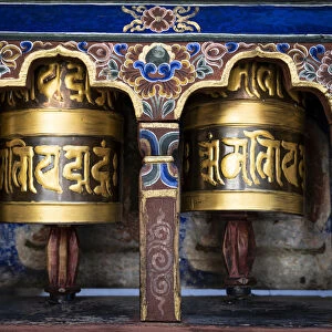 Prayer wheels. Kyichu Lhakhang also known as Kyerchu Temple or Lho Kyerchu. Paro District