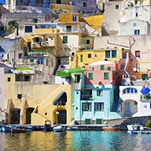 Procida island, Naples, Italy. The colorful harbour of La Corricella, view from the boat