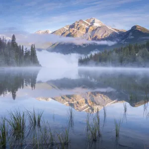 Pyramid Lake and Pyramid Mountain at dawn, Jasper National Park, Alberta, Canada