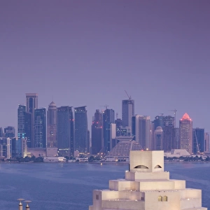 Qatar, Doha, The Museum of Islamic Art, designed by I. M. Pei, elevated view, dawn