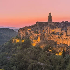 The quaint old town of Pitigliano known as the little Jerusalem at dusk, Grosseto