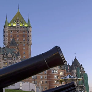 Quebec City, Canada. Canons along Dufferin Terrace in front of the Chateau Frontenac