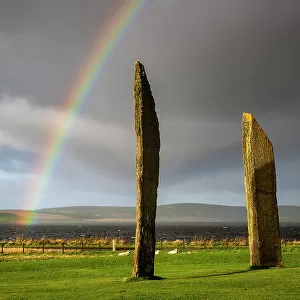 Rainbow over the Standing Stones of Stenness on Mainland, Orkney, Scotland. Autumn (October) 2022