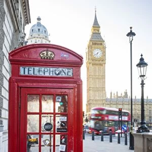 Red telephone box & Big Ben, Houses of Parliament, London, England, UK