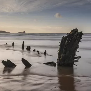 Remains of the shipwreck Helvetia on Rhossili Beach, with Worm