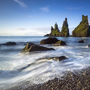 Reynisdrangar rock formation in sea near Vik i Mydral, South Iceland, Iceland