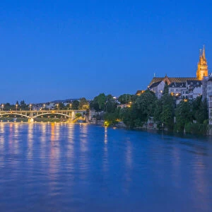 River Rhine with Munster at Basel at dusk, Canton Basel, Switzerland