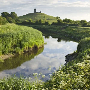 River Tone meandering towards Burrow Mump and the ruined church on its summit