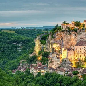 Rocamadour, pilgrimage town along El Camino de Santiago at dusk, Lot Department