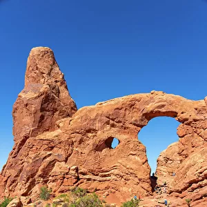 Rock formations at Turret Arch against clear sky, Arches National Park, Grand County, Utah, USA