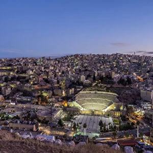 Roman Theater and The Hashemite Plaza at dusk, elevated view, Amman, Amman Governorate