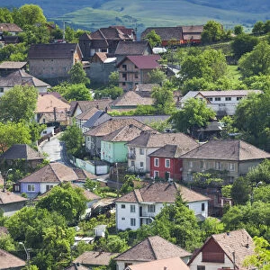 Romania, Transylvania, Medias, elevated town view