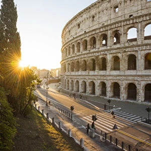 Rome, Lazio, Italy. High angle view over the Colosseum square at sunrise