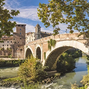 Rome, Lazio, Italy. Pons Fabricius (Fabricius bridge) leading to Tiber island, the