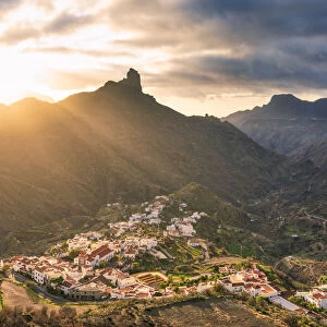 Roque Bentayga and Tejeda village at sunset. Tejeda, Las Palmas, Gran Canaria