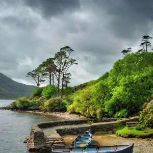 Rowing boat at Doo Lough, Doolough Valley, Wild Atlantic Way, Connemara Loop, Co Mayo, Republic of Ireland, Europe