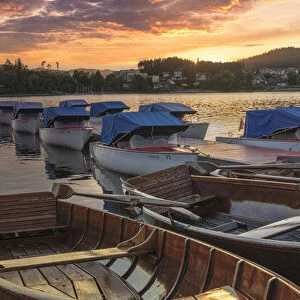Rowing boats at sunset, Schluchsee Lake, Black Forest, Baden-Wurttemberg, Germany