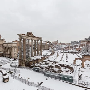 Ruins of Roman Forum covered by the snow after the great snowfall of Rome in 2018 Europe
