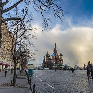 Russia, Moscow, Red Square, Kremlin, St. Basils Cathedral and Kremlin Spasskaya Tower