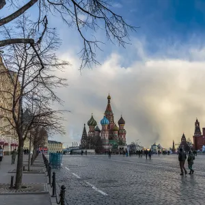 Russia, Moscow, Red Square, Kremlin, St. Basils Cathedral and Kremlin Spasskaya Tower