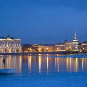 Russia, St. Petersburg; The partly frozen Neva River in Winter, with the Winter Palace