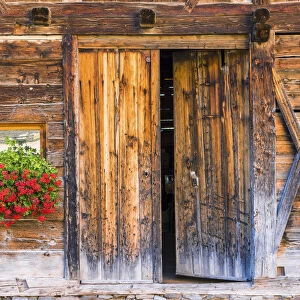 Rustic Barn Door & Geraniums, Val di Funes, Dolomites, South Tyrol, Italy