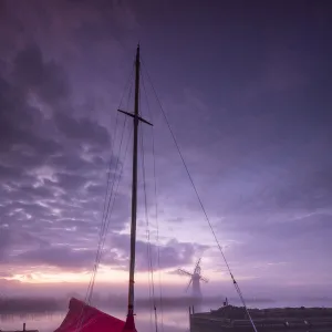 Sailboat & Thurne Mill in Mist, Thurne, Norfolk, England