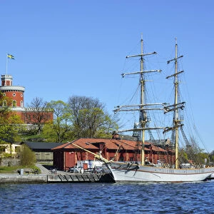 Sailing ship docked on the shore in Kastellholmen. Stockholm, Sweden