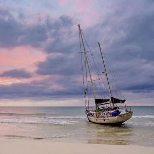 Sailing Ship at Seven Mile Beach, sunset, Long Bay, Negril, Westmoreland Parish, Jamaica