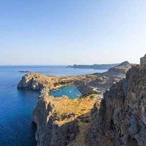 Saint Pauls bay, Lindos, Rhodes, Greece. Panorama from the acropolis of Lindos