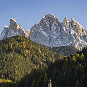 San Giovanni in Ranui church with odle Dolomites on the background. Santa Maddalena