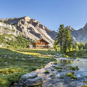 San Vigilio di Marebbe, Fanes, Dolomites, South Tyrol, Italy, Europe. Alpine hut in the natural park Fanes-Sennes-Braies