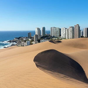 Sand dunes and residential high-rise buildings, Concon, Valparaiso Province, Valparaiso Region, Chile