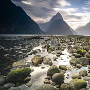 Scenic view of dramatic landscape in Milford Sound formed by glaciers