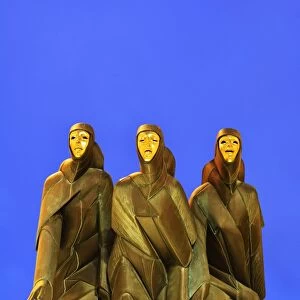 The sculpture "Three Muses" by Stanislovas Kuzma crowning the main entrance to the National Drama Theatre has become an icon of Vilnius. The muses of Drama (Calliope), Comedy (Thalia) and Tragedy (Melpomene). Vilnius, Lithuania
