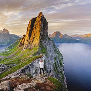 Segla mountain with smartphone at dawn, Senja island, Troms county, Norway (MR)