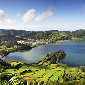 Sete Cidades volcanic lake and village. A big crater with 12 kilometers in perimeter