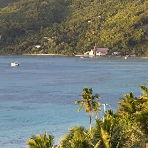 Seychelles, Mahe Island, Anse Royale, Town Church and palms, morning