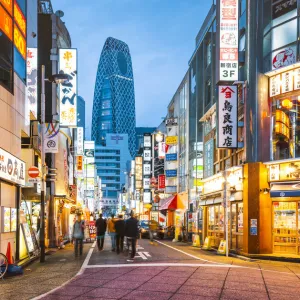 Shinjuku, Tokyo, Kanto region, Japan. Illuminated neon signs at dusk and Cocoon Tower