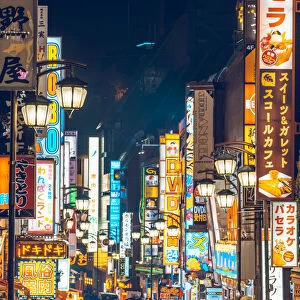 Shinjuku, Tokyo, Kanto region, Japan. Neon signs illuminated at night in Kabukicho