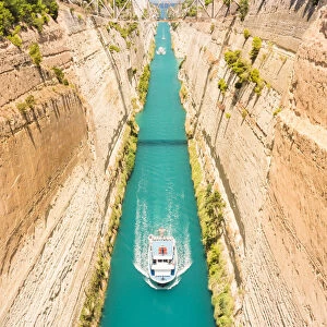 Ships transiting in the narrow Corinth canal, Corinthia region, Peloponnese, Greece