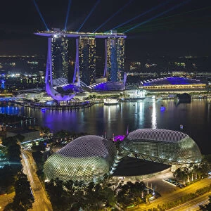 Singapore, Marina Bay Sands Hotel, elevated view with Esplanade Theaters on the Bay