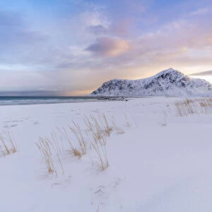 Skagsanden beach at dawn in winter. Flakstad, Nordland county, Northern Norway, Norway