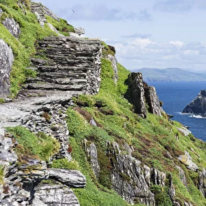 Skellig Michael (Great Skellig), Skellig islands, County Kerry, Munster province, Ireland, Europe. stairs and cliff in a sunny day